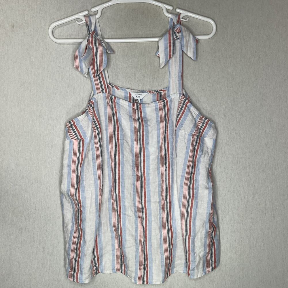 Crown & Ivy Womens Tank Top Plus SZ 2X Red White Blue 100% Linen Beachy Coastal